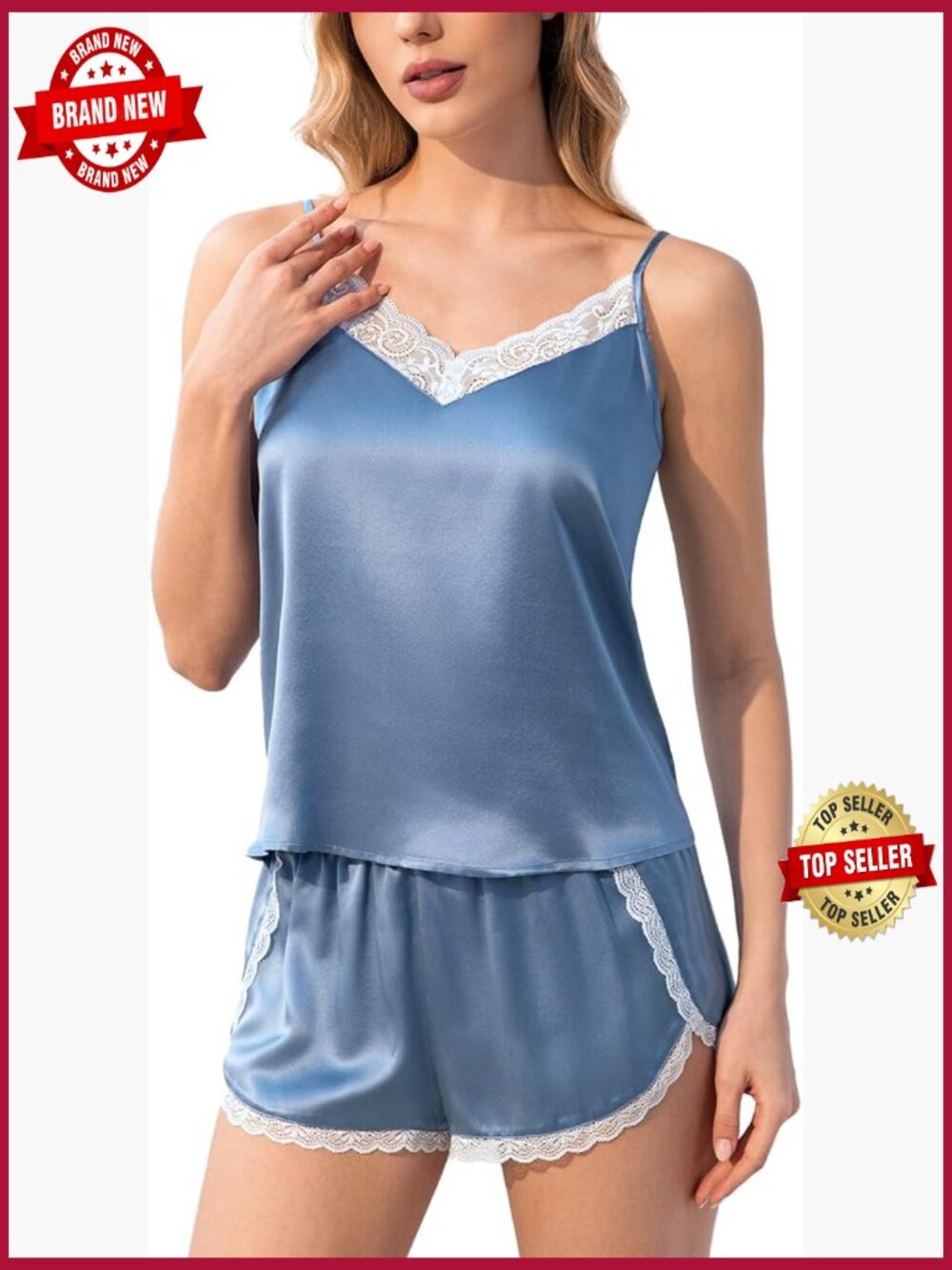 100% Mulberry Silk Pajama Set Lace Cami Shorts Sleepwear